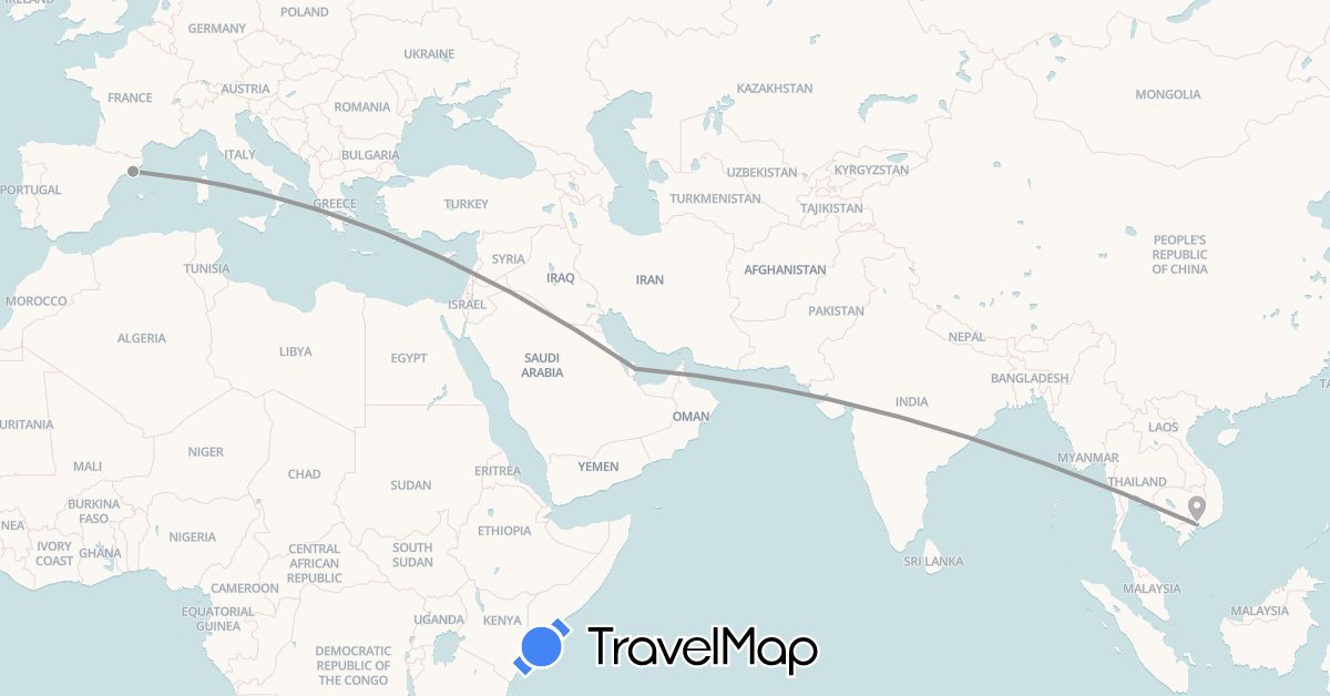 TravelMap itinerary: driving, plane in Spain, Qatar, Vietnam (Asia, Europe)